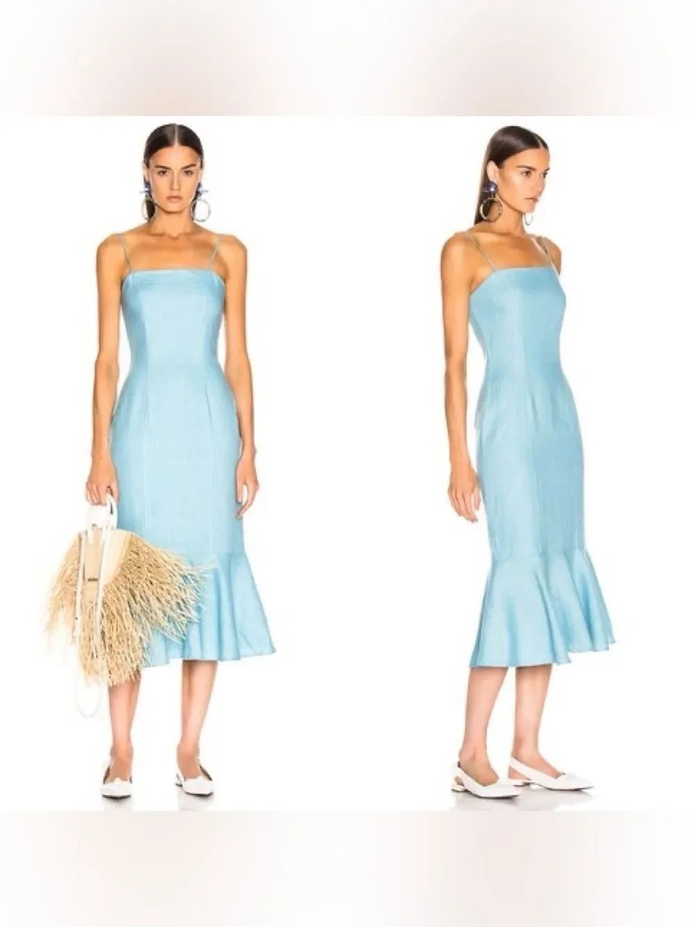 STAUD Lychee linen midi Dress in baby blue